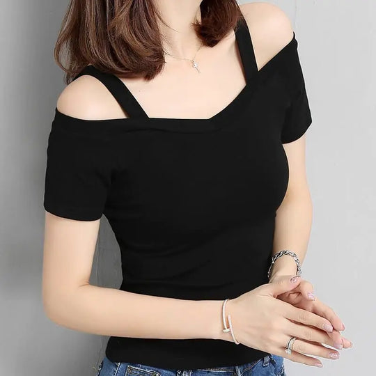 Black cold-shoulder style short-sleeve T-shirt, fitted