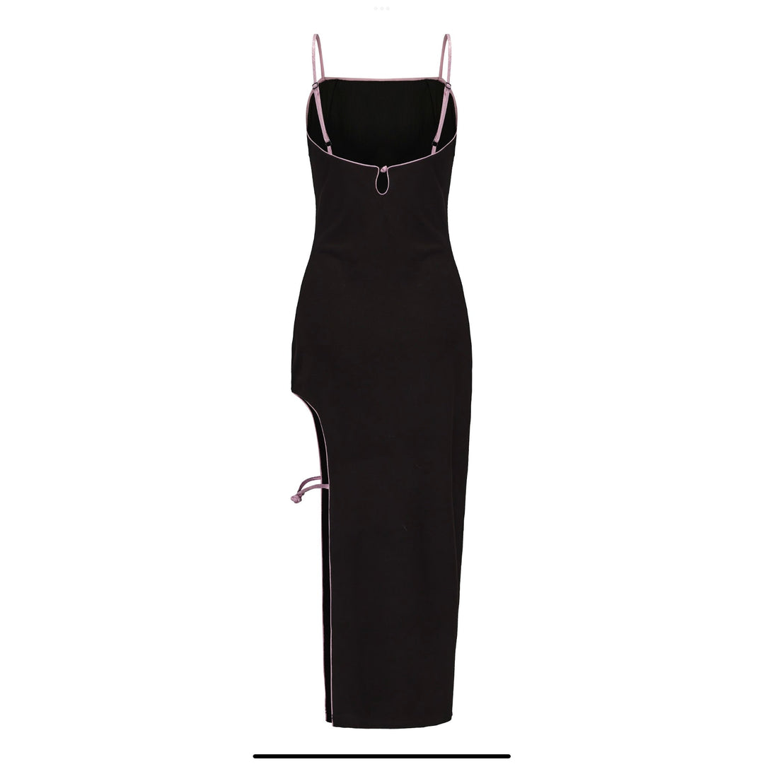Gao cutout maxi dress, black fitted column with pink-trim back strap and small ring detail