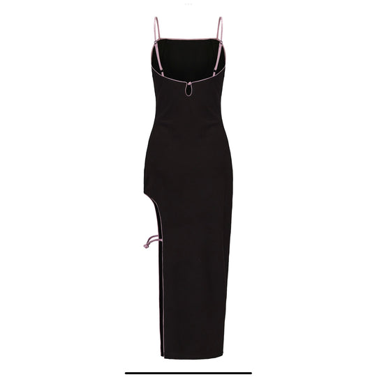 Gao cutout maxi dress, black fitted column with pink-trim back strap and small ring detail