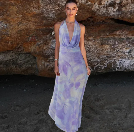 Purple tie-dye halter backless maxi dress set, front view with draped neckline