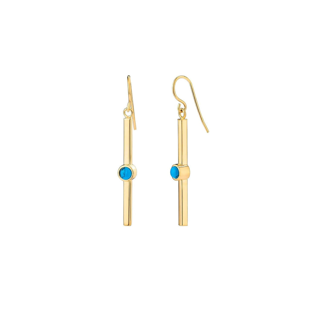 Turquoise bar dangle earrings in gold-tone, blue round stones on straight bars