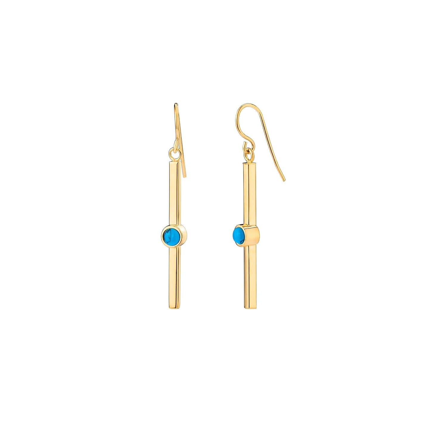 Turquoise bar dangle earrings in gold-tone, blue round stones on straight bars