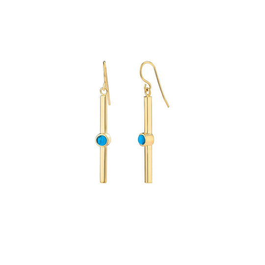 Turquoise bar dangle earrings in gold-tone, blue round stones on straight bars
