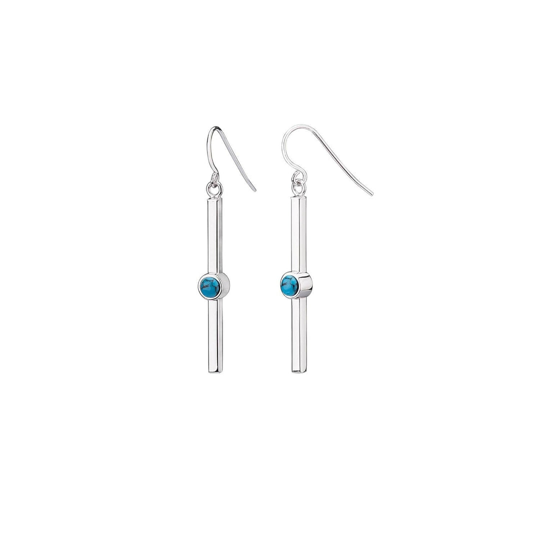 Turquoise bar dangle earrings in silver-tone, blue round stones on straight bars