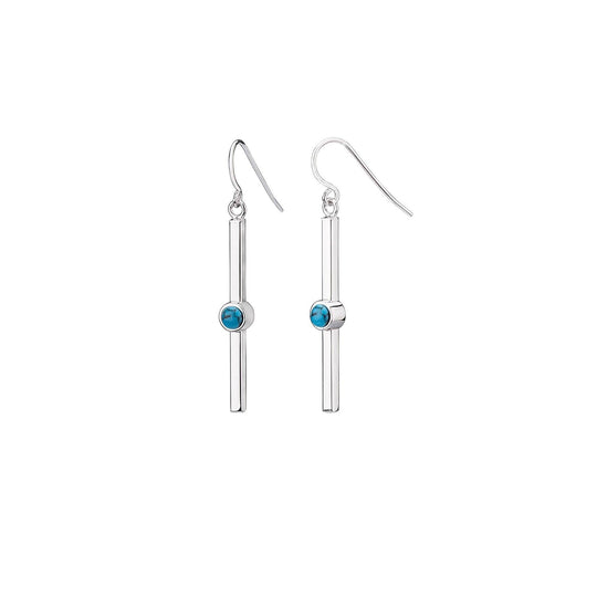 Turquoise bar dangle earrings in silver-tone, blue round stones on straight bars