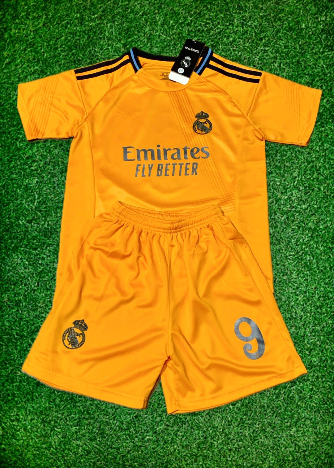 Orange toddler/youth soccer kit: Emirates Fly Better jersey with matching shorts, 9