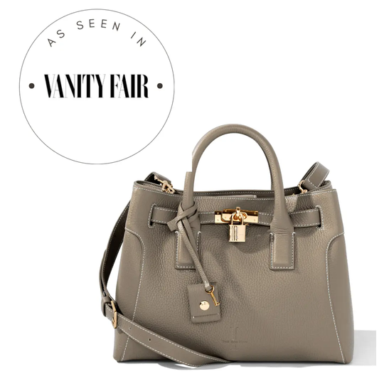 THE SHARON CLAUDIA tote satchel in taupe grained leather with gold lock detail