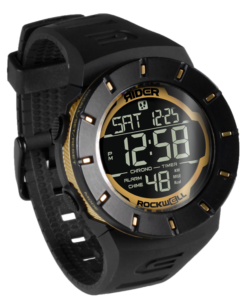 Rockwell Time We Fight watch side view, black strap with textured grip and digital face