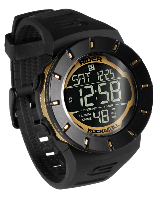 Rockwell Time We Fight watch side view, black strap with textured grip and digital face