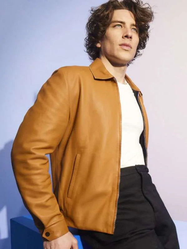 Tan leather jacket with zip front and notch collar, full sleeves