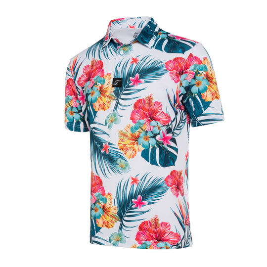 White Hawaiian floral polo shirt with teal palm leaves and pink orange flowers