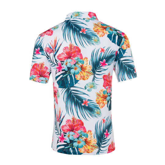 Back view Hawaiian floral polo: teal palm fronds with pink and orange blooms