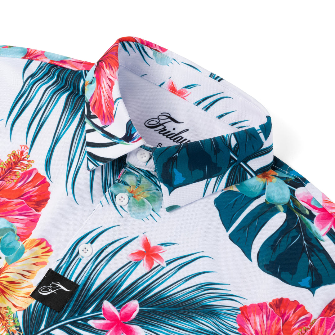Hawaiian floral polo collar with button placket and embroidered neck label