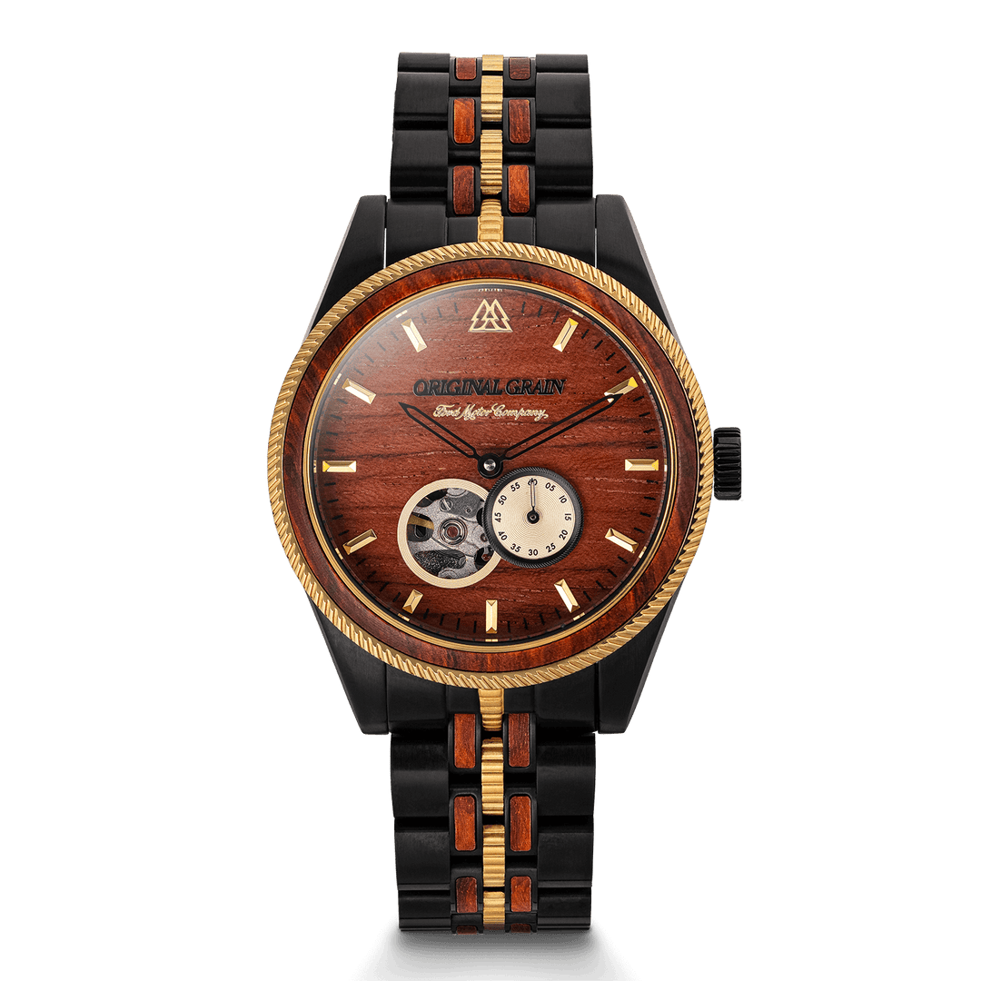 Vintage Gold 40-mm Automatik-Uhr, Holzmaser-Zifferblatt, schwarzes Armband mit Goldakzenten