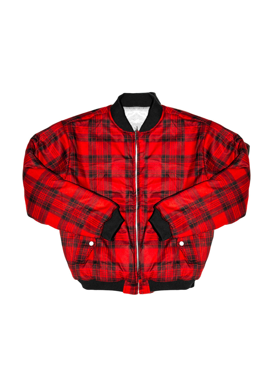 Reversible bomber front: red tartan plaid with black zipper and snap pockets