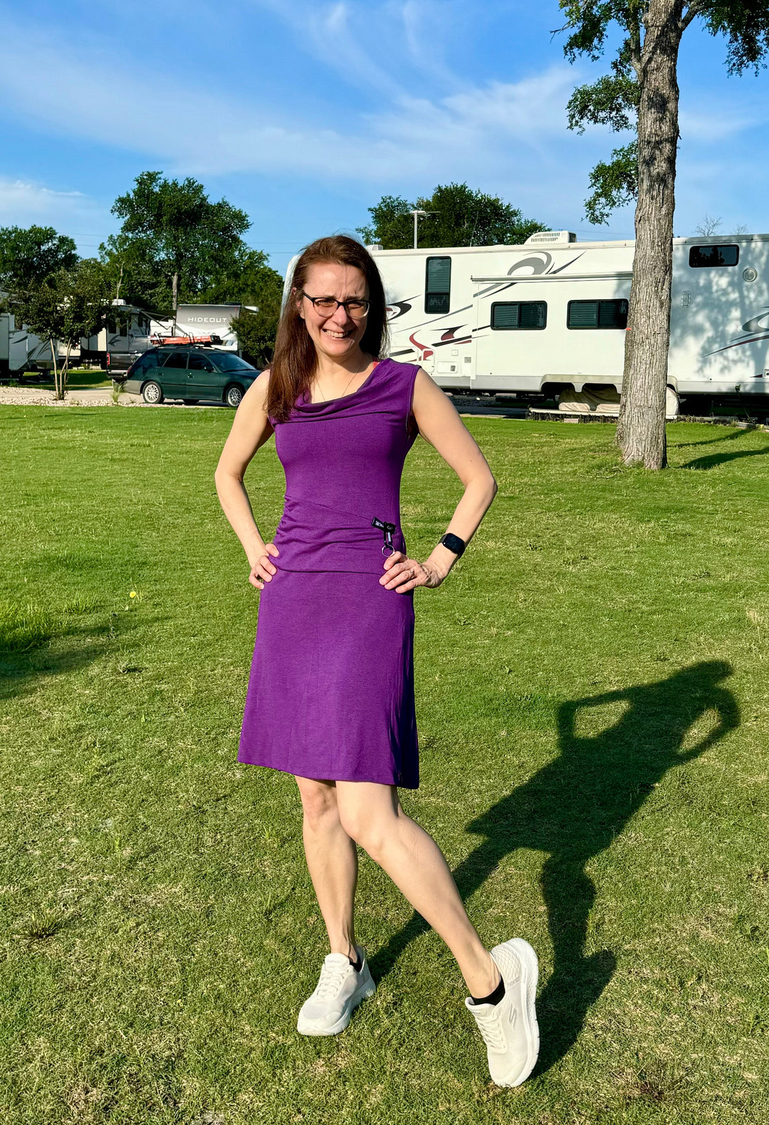 Purple Bike Date Dress on model, sleeveless cowl neckline with gathered ruched waist