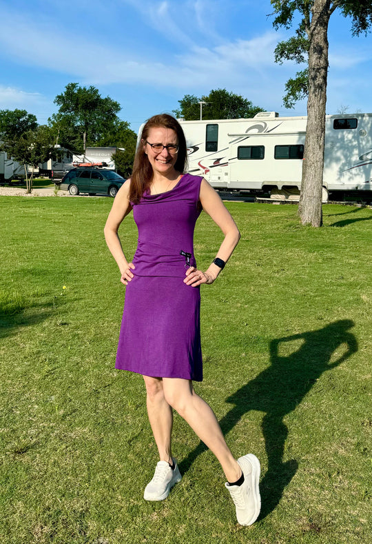 Purple Bike Date Dress on model, sleeveless cowl neckline with gathered ruched waist