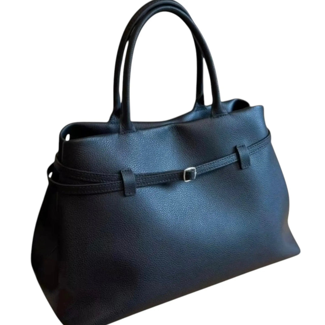 THE XL Sarah Large belt tote bag in black, side view with top handles and front belt buckle.