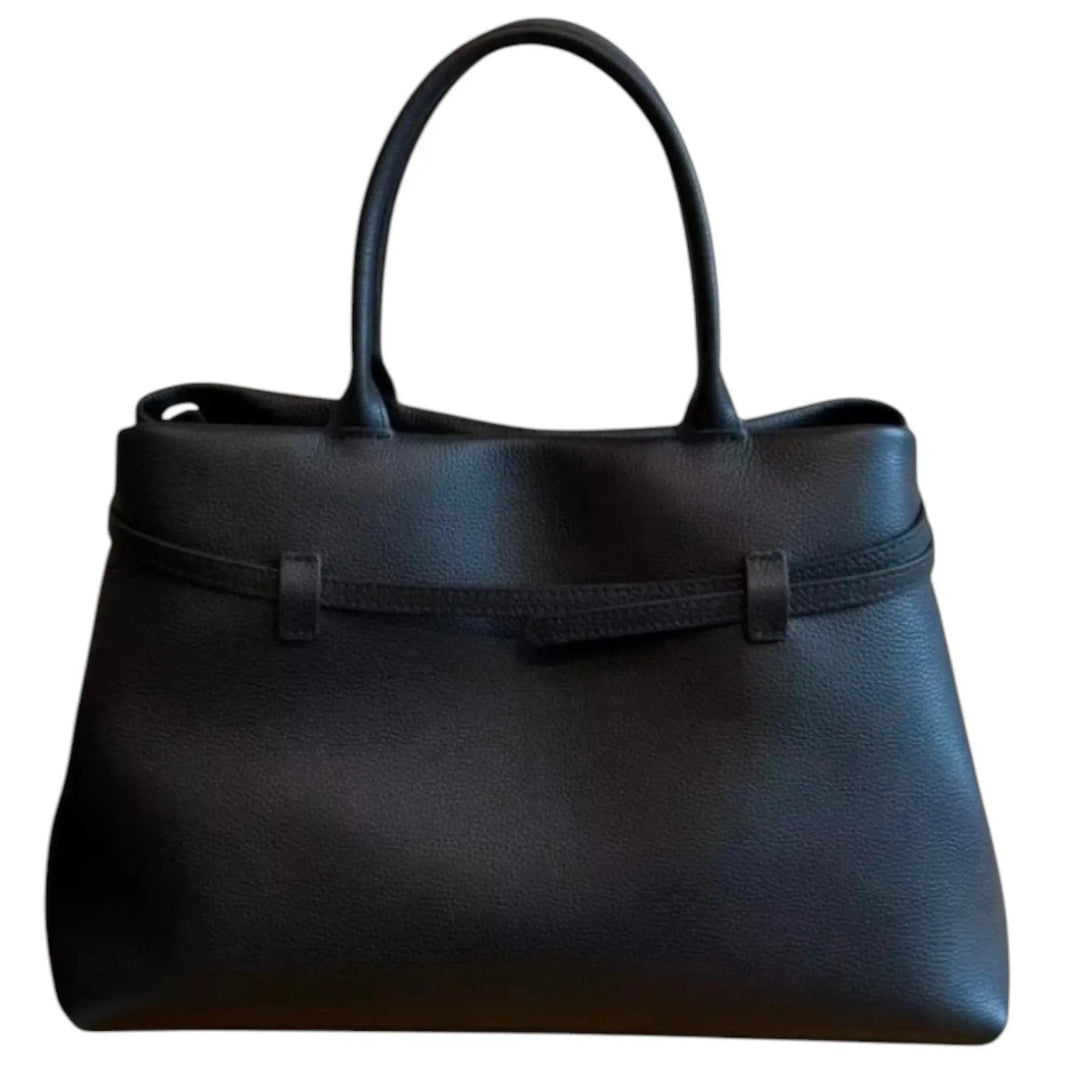 THE XL Sarah Large belt tote bag in black, front profile with belt strap and metal buckle hardware.