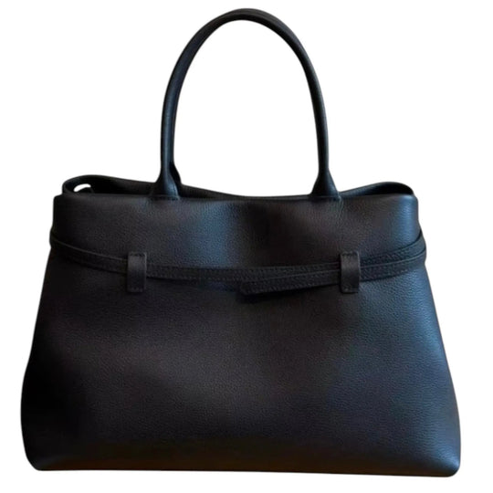THE XL Sarah Large belt tote bag in black, front profile with belt strap and metal buckle hardware.