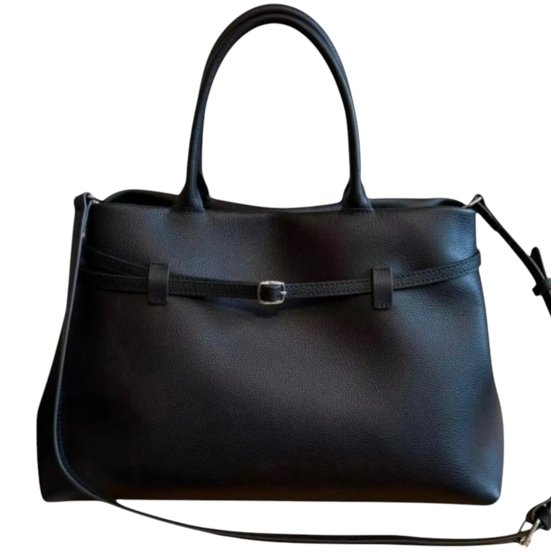 THE XL Sarah Large belt tote bag in black, front view with top handles and attached shoulder strap.