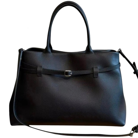 THE XL Sarah Large belt tote bag in black, front view with top handles and attached shoulder strap.