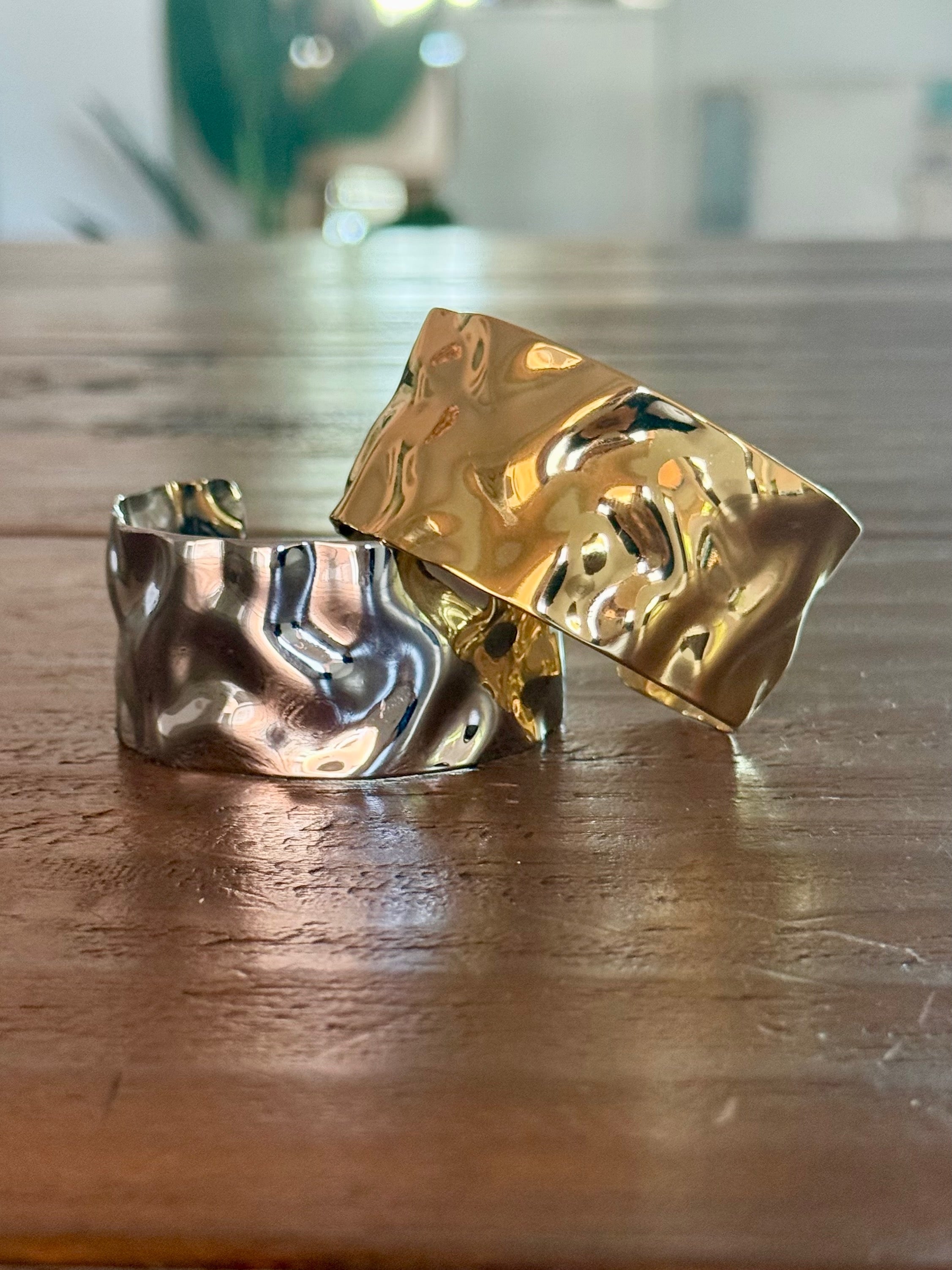 Large hammered cuff, Gold and Silver wide open cuff with hammered texture