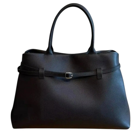 THE XL Sarah Large belt tote bag in black, front view with belt strap across top and buckle center.