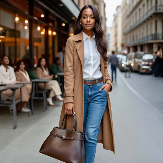 THE XL Sarah Large belt tote bag in taupe, carried look with long top handles and front belt strap.