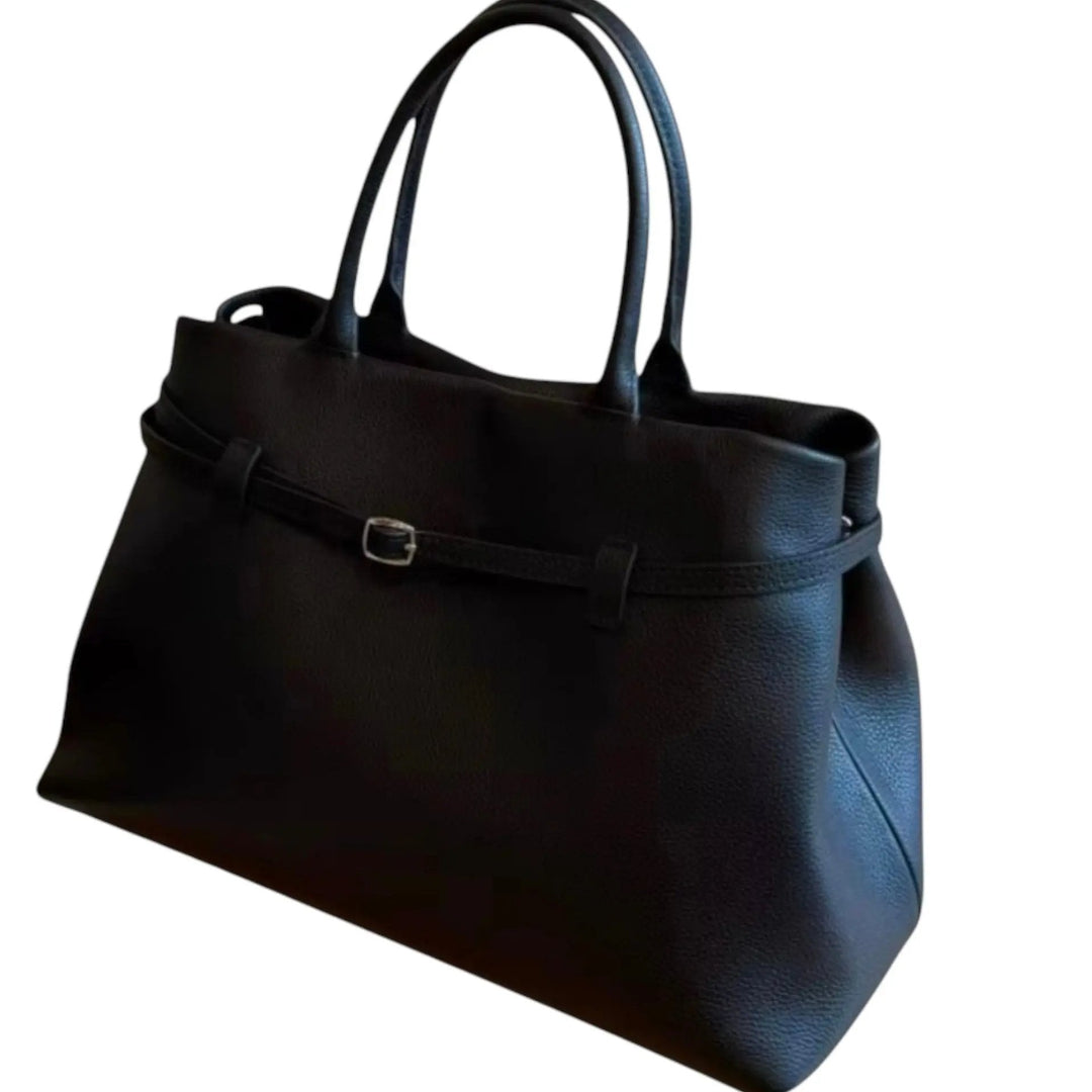 THE XL Sarah Large belt tote bag in black, angled view showing front belt strap and structured sides.