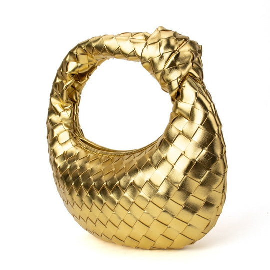 Knotted woven handbag in shiny gold, curved silhouette, woven pattern