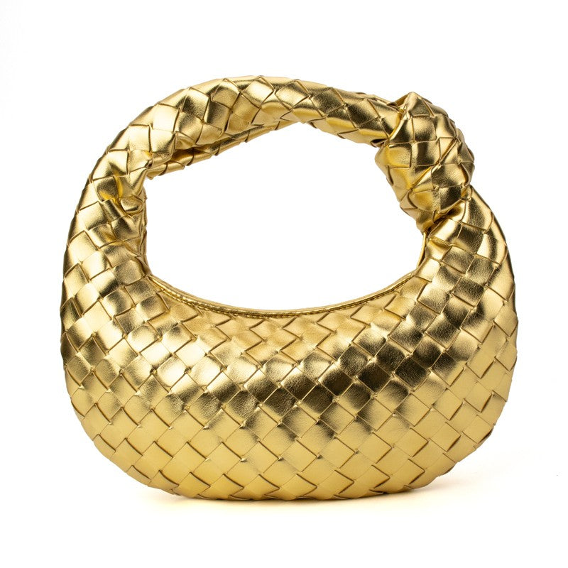 Knotted woven handbag in gold, knotted woven handle, braided texture