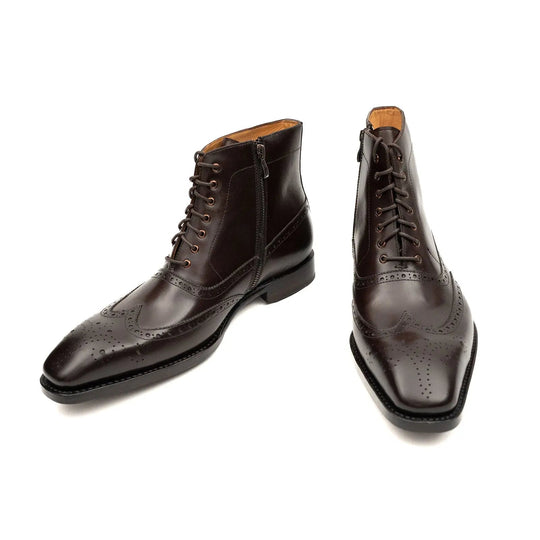 DV DIVINCH brogue Martin boots, dark brown leather with wingtip-style perforations