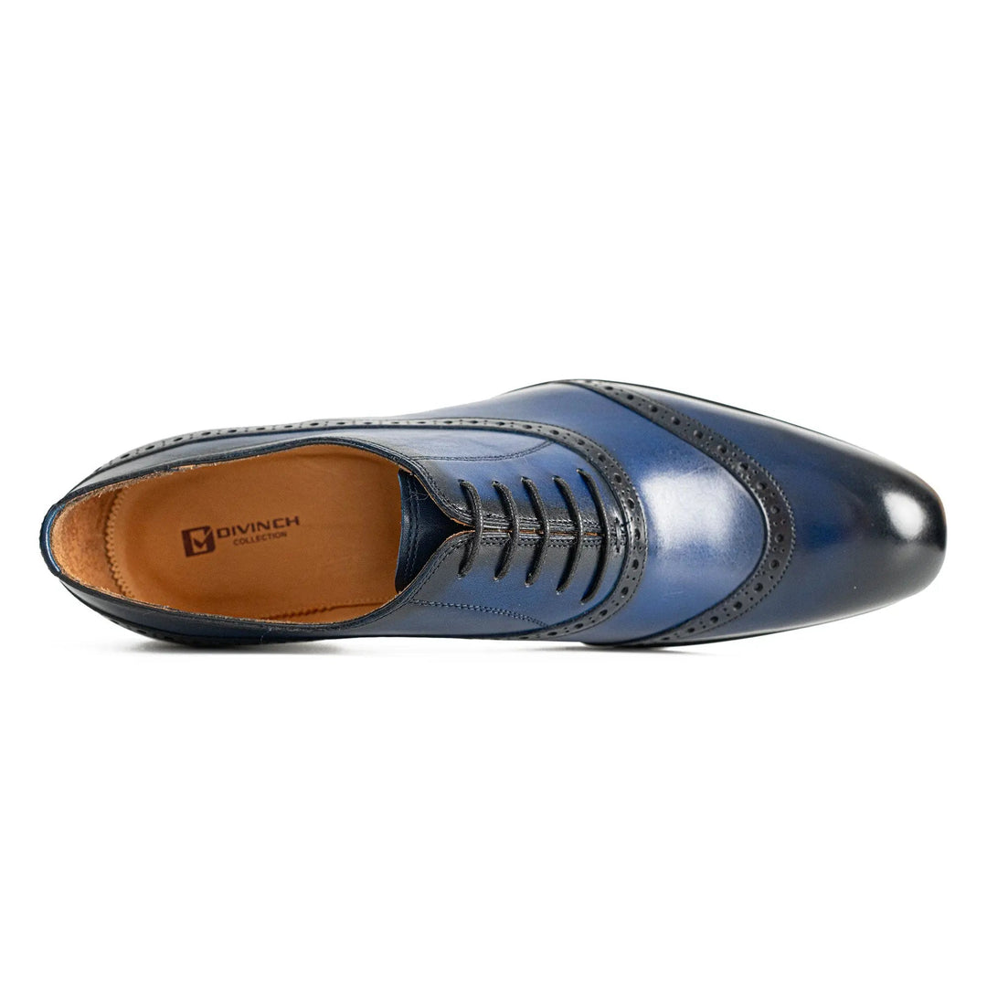 DV DIVINCH blue oxford dress shoes, visible tan insole and lace-up front