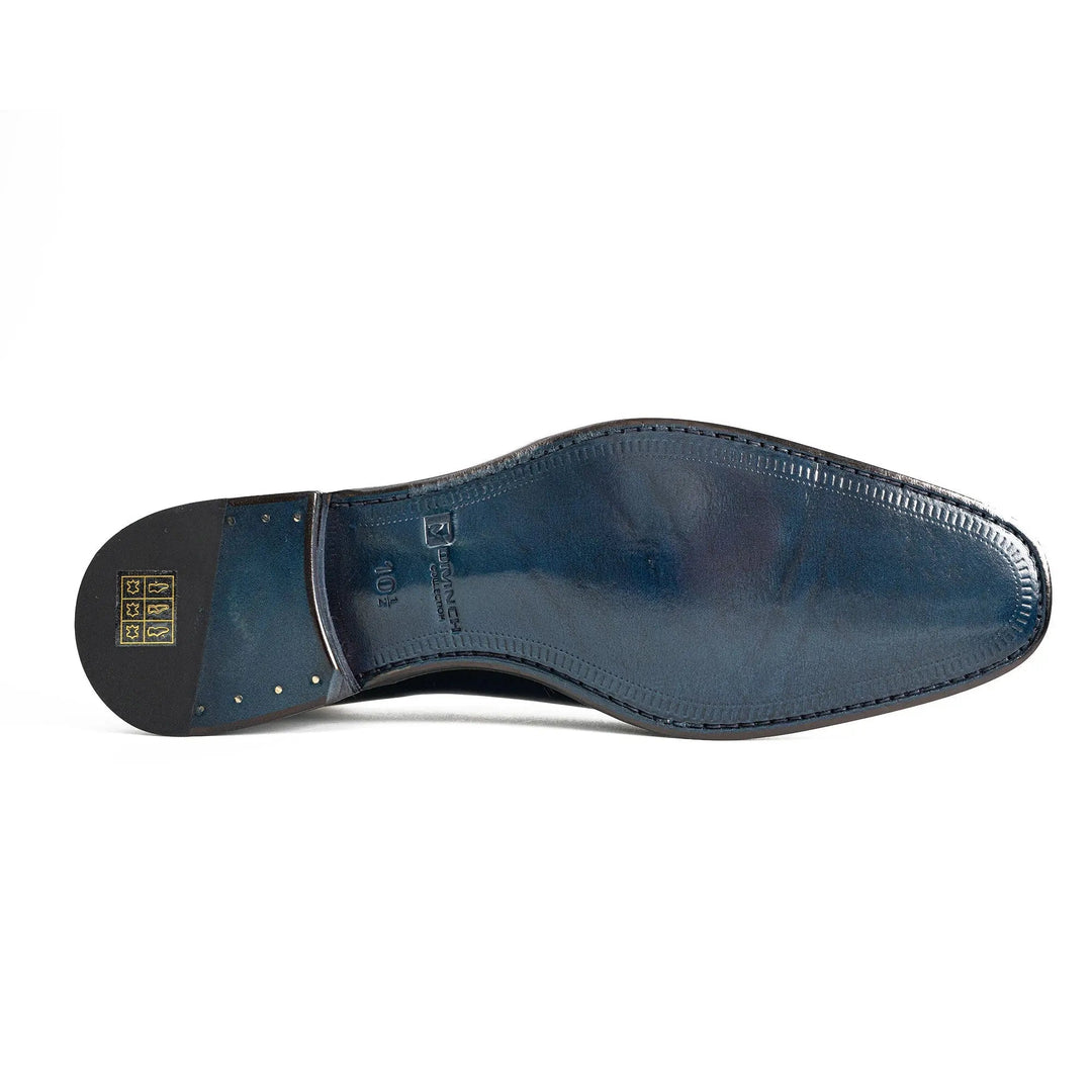 Blue oxford dress shoes outsole, textured sole with heel and toe wear