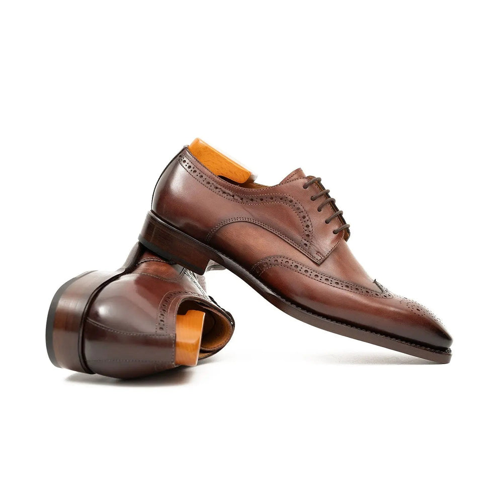 Brown lace-up brogue derby shoes, side and heel view with stacked sole