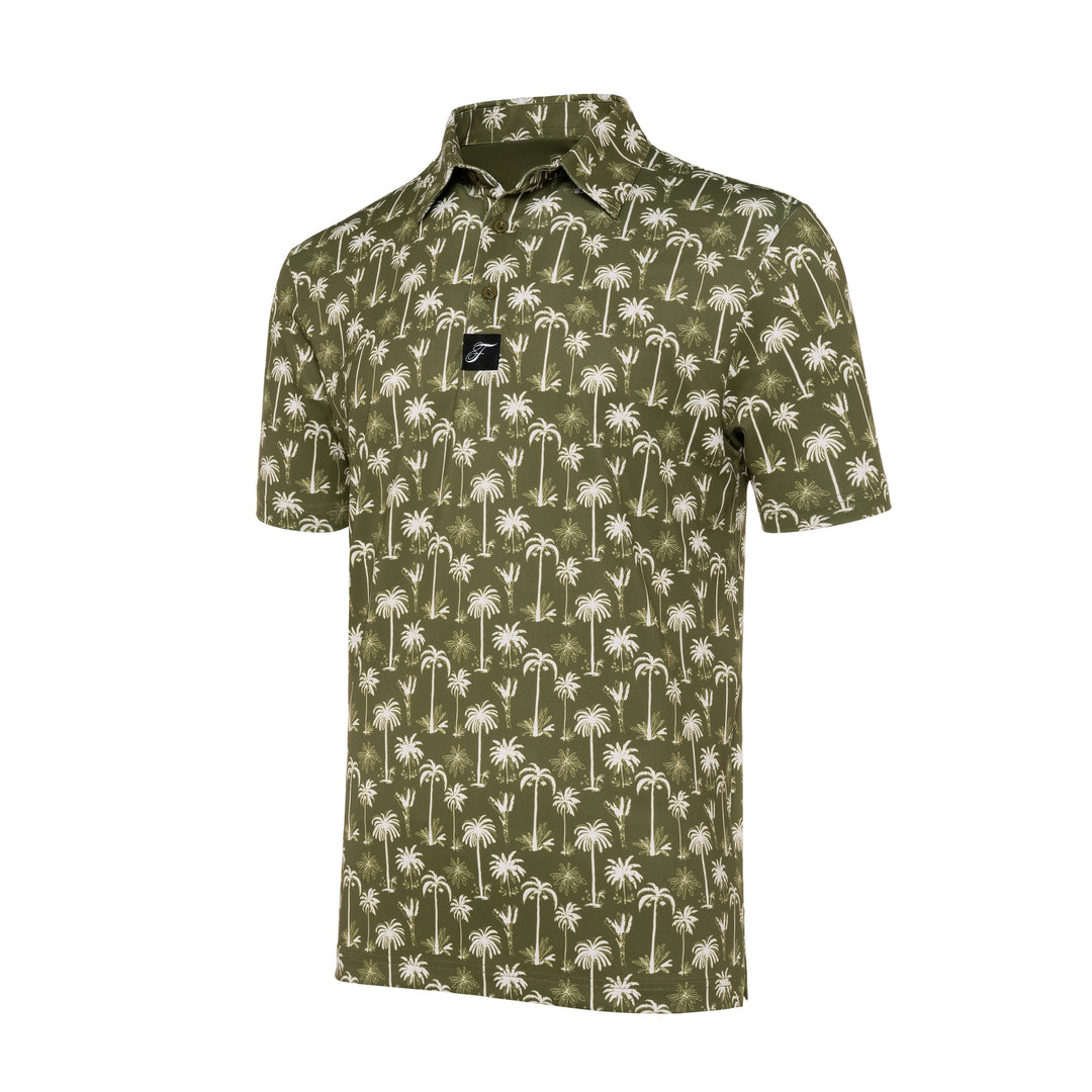Botanical Boho shirt in olive green with white palm leaf print, short sleeves