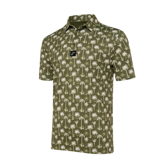 Botanical Boho shirt in olive green with white palm leaf print, short sleeves