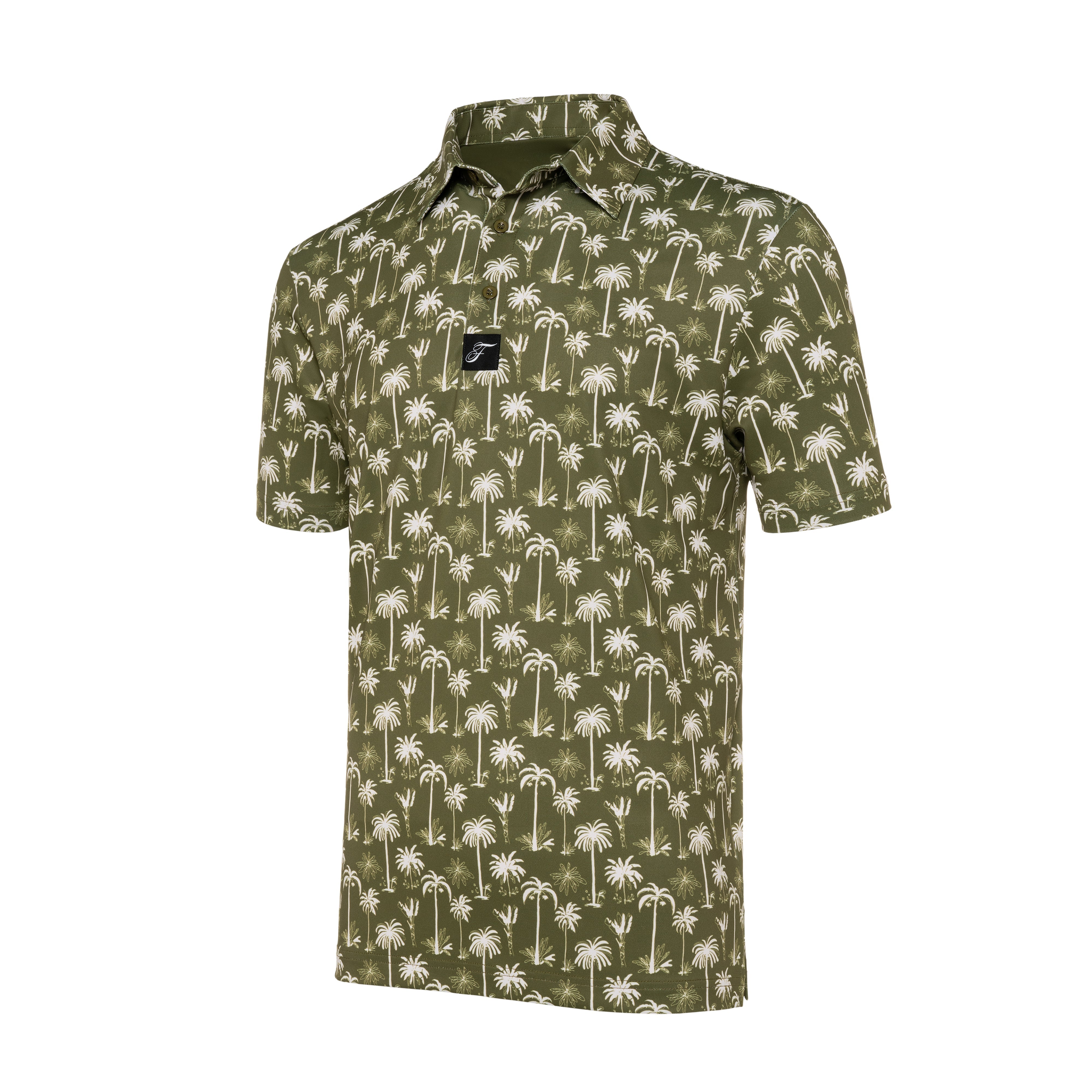 Botanical Boho shirt in olive green with white palm leaf print, short sleeves