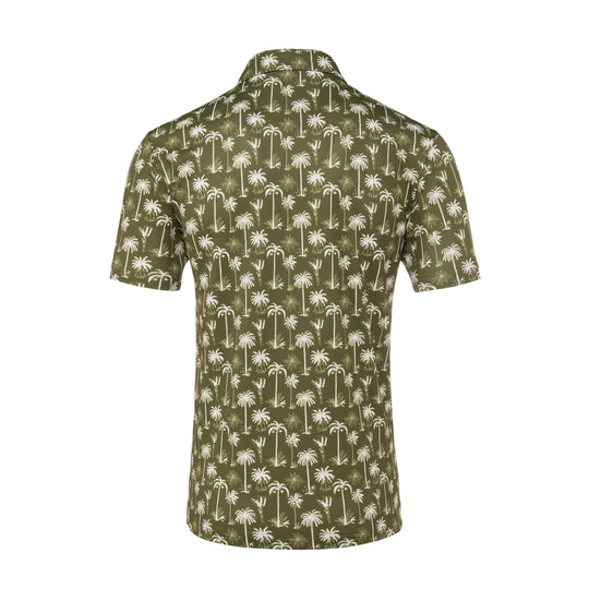 Botanical Boho shirt, back view: olive green with repeating white palm print