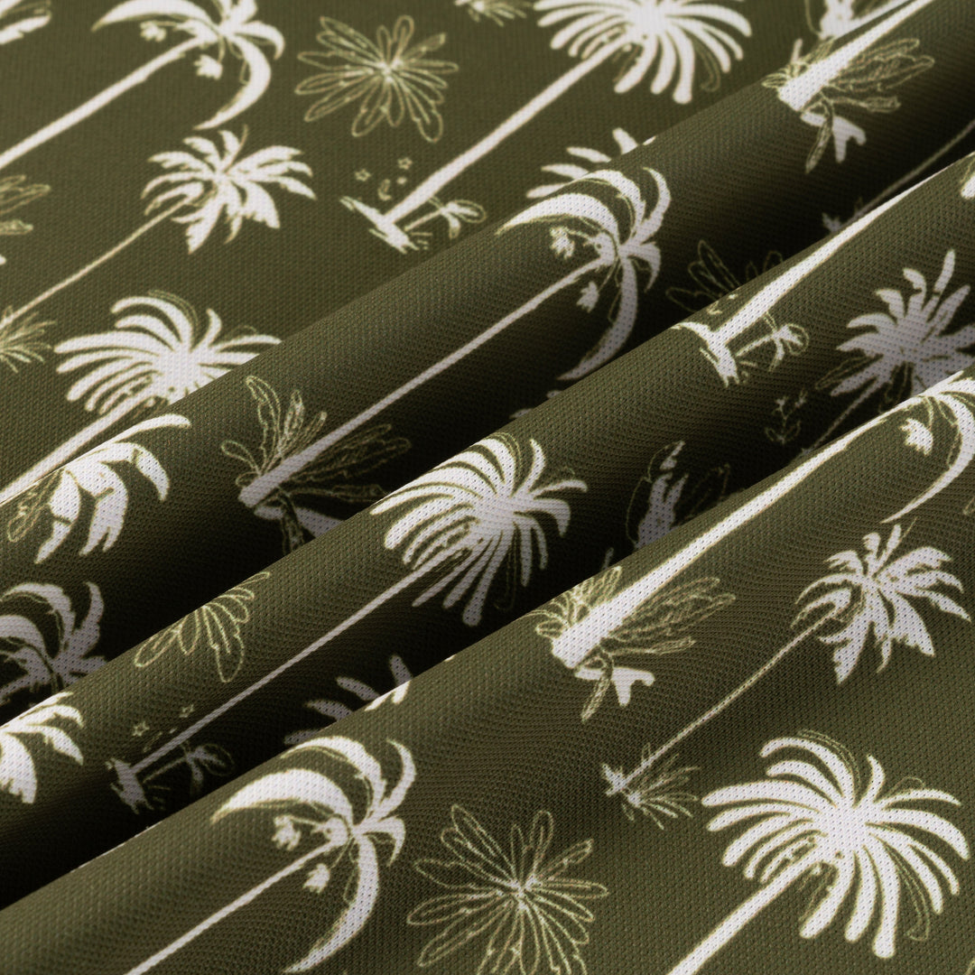 Botanical Boho fabric detail: olive green weave with white palm pattern