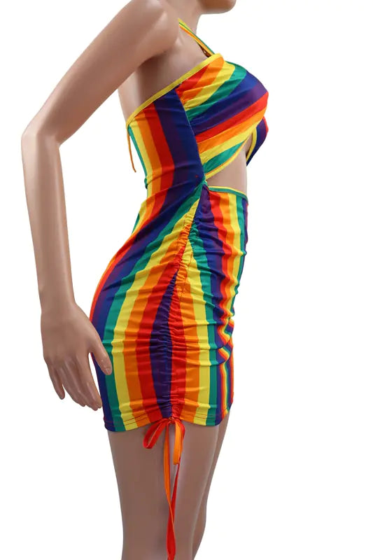 Rainbow tie-dye halter bodycon mini dress with drawstring hem