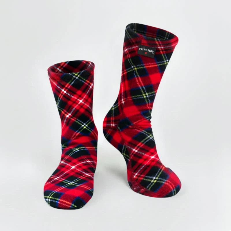 Karierte Fleece-Socken, rot mit dunkelblauem und grün-gelbem Karomuster, Paar