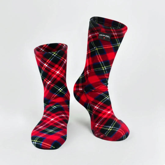 Karierte Fleece-Socken, rot mit dunkelblauem und grün-gelbem Karomuster, Paar