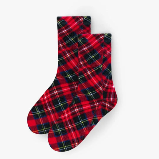 Karierte Fleece-Socken im Paar-Ansicht, rot mit dunkelblauem und grün-gelbem Karomuster