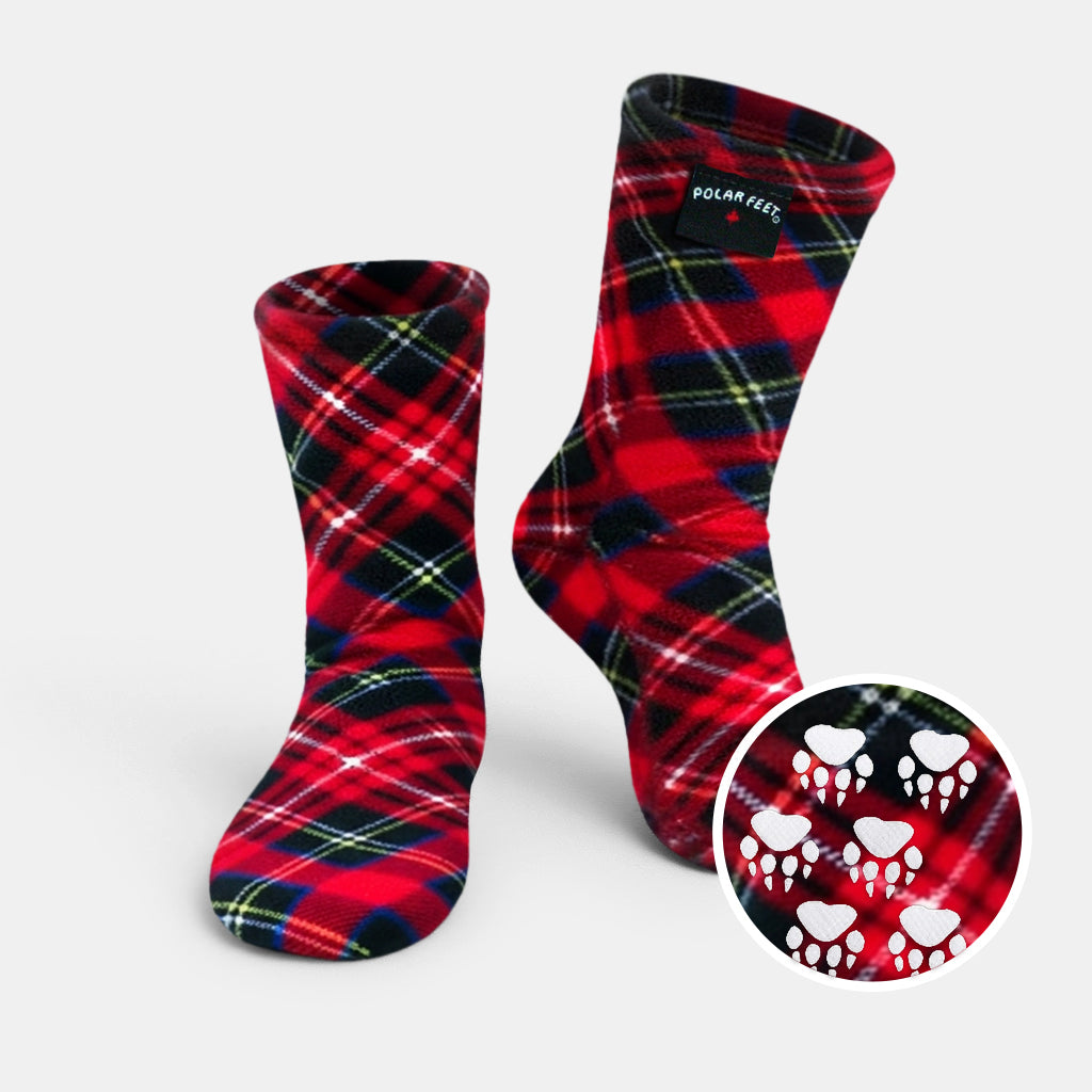 Karierte Fleece-Socken (Nonskid) mit Pfotenprofil, rot mit dunkelblau/grün-gelbem Karo