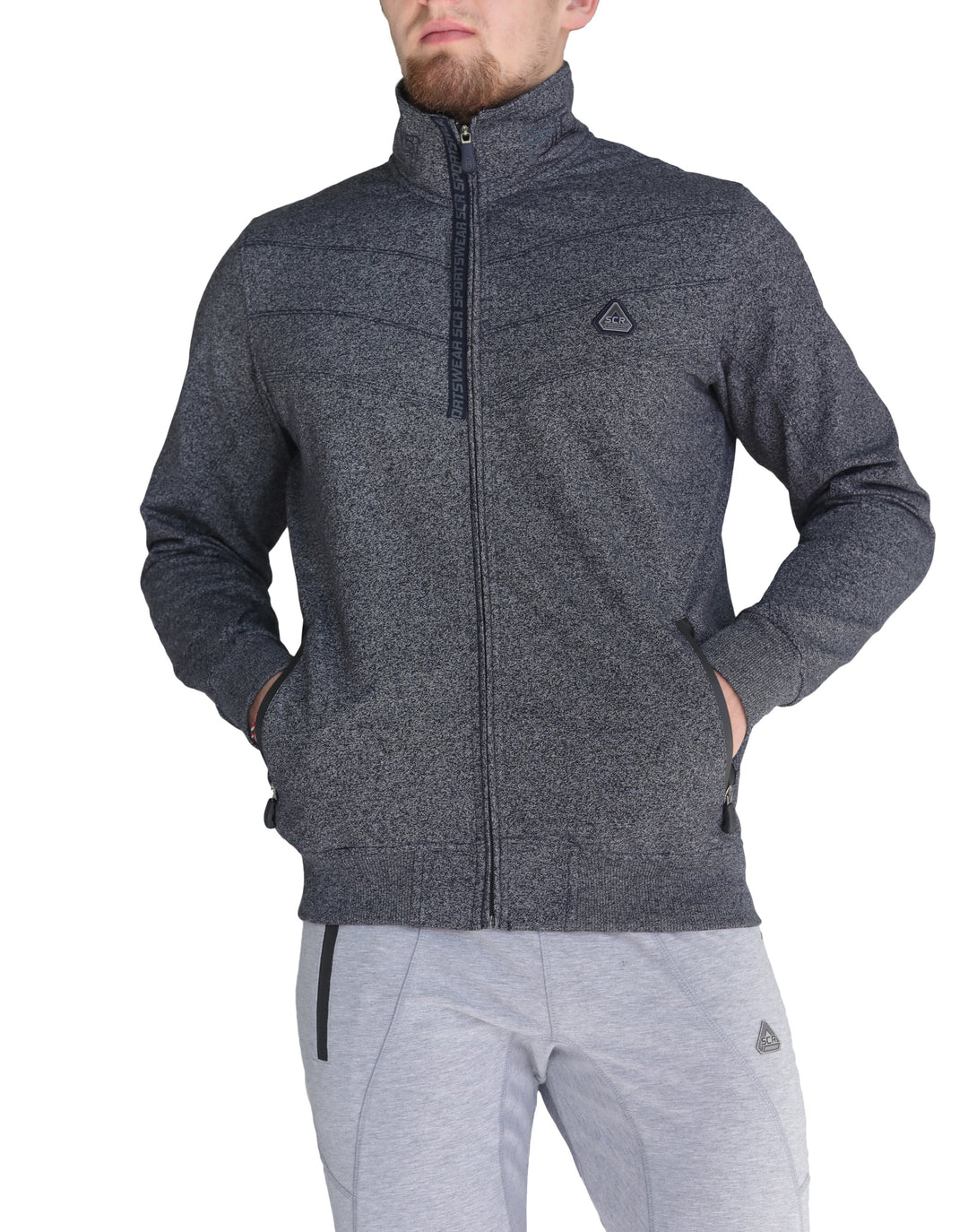 Dunkelgrau melierte Sweatjacke mit Reißverschluss und Stehkragen, Dreieckslogo