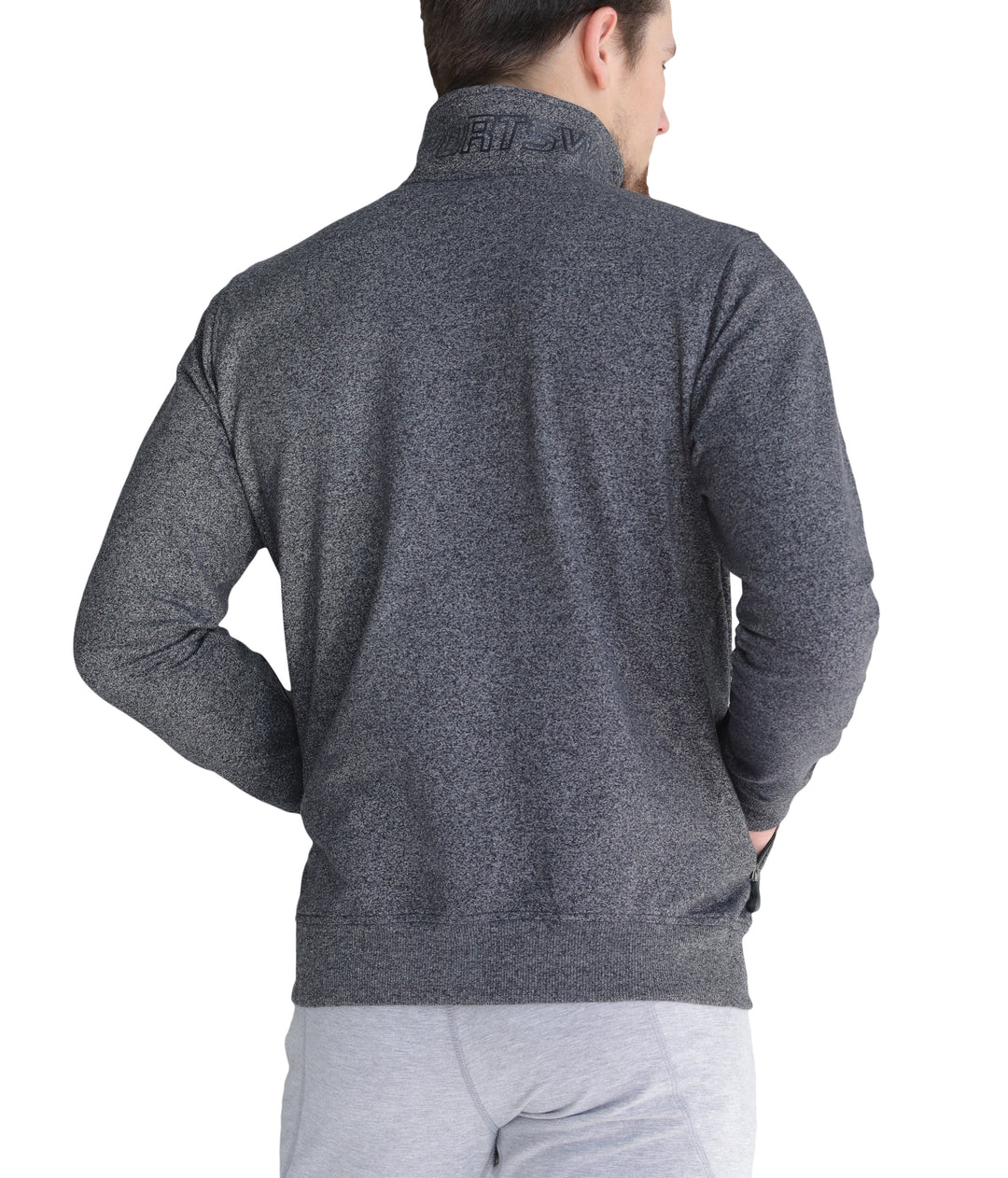 Dunkelgrau melierte Reißverschluss-Sweatjacke in Rückansicht mit gesticktem Logo