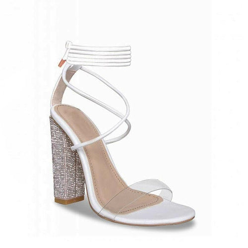 White open-toe heeled sandals with rhinestone block heel and crisscross straps