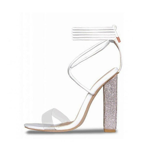 White open-toe strappy high-heel sandal with jeweled block heel